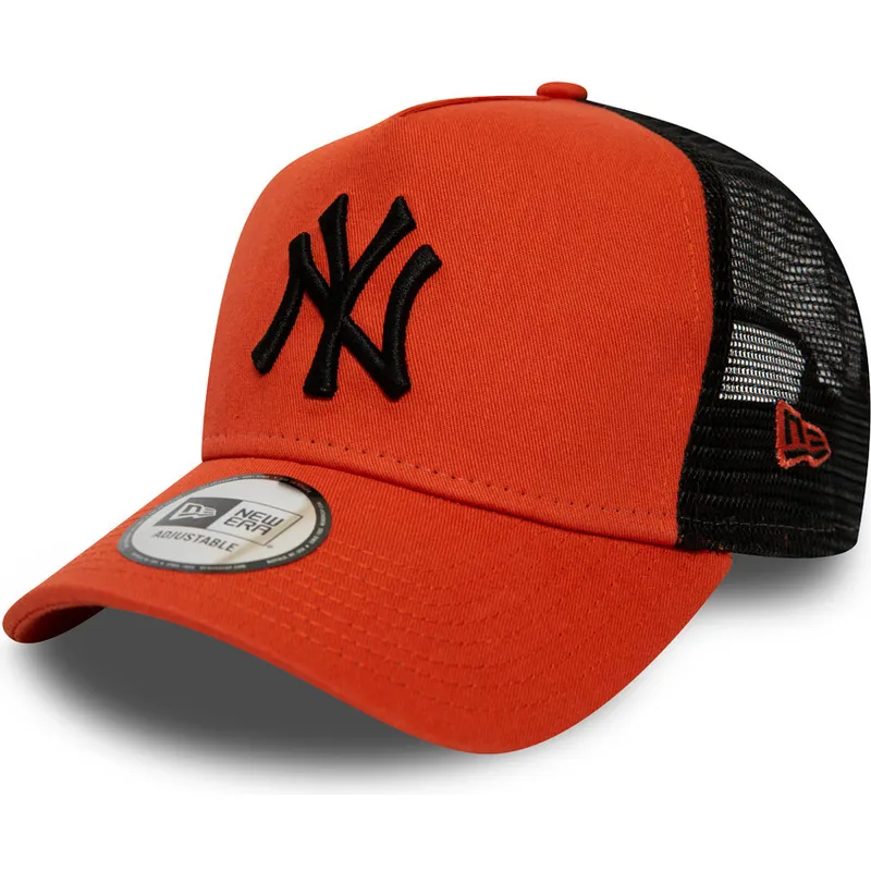 rote-trucker-kappe-mit-schwarzem-logo-league-essential-a-frame-der-new-york-yankees-mlb-von-new-era