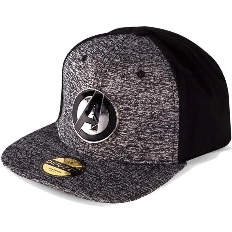 graue-und-schwarze-flache-snapback-kappe-metal-avengers-logo-marvel-comics-von-difuzed