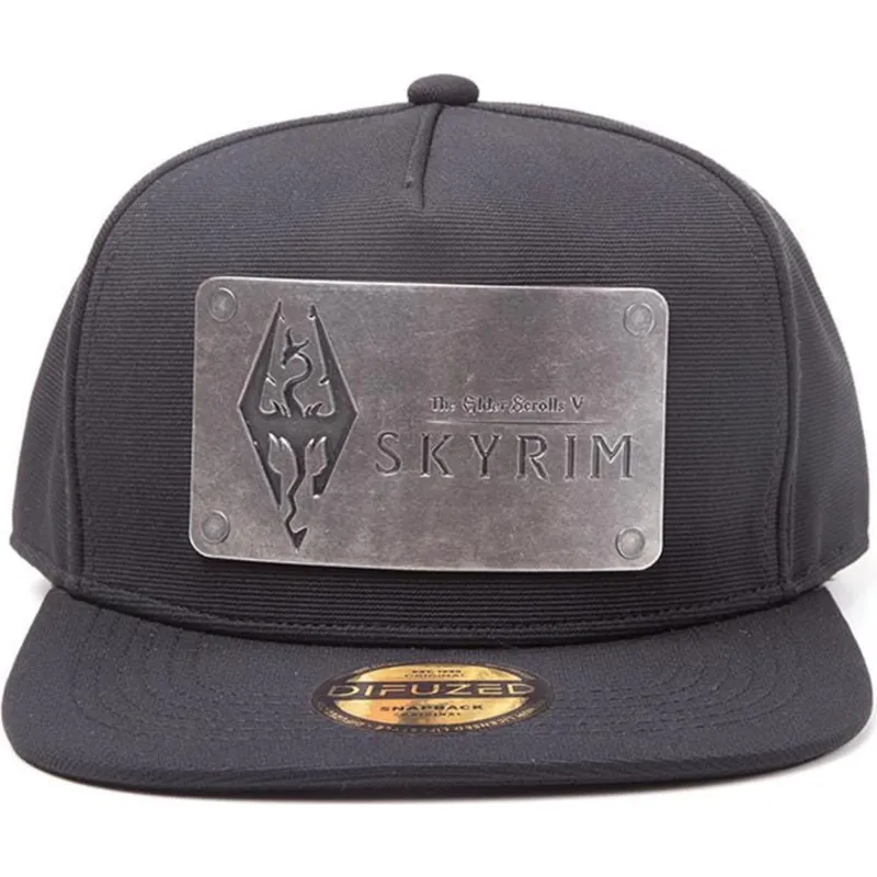 schwarze-snapback-kappe-mit-flachem-schirm-dovahkiin-logo-metallplatte-the-elder-scrolls-v-skyrim-von-difuzed