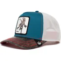 gorra-trucker-azul-blanca-y-negra-dinosaurio-velociraptor-clever-swift-robber-the-farm-de-goorin-bros