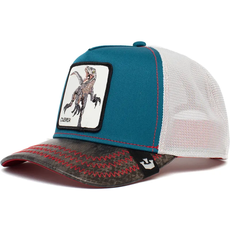 trucker-cap-blau-weiss-und-schwarz-dinosaurier-velociraptor-clever-swift-robber-the-farm-von-goorin-bros