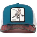 gorra-trucker-azul-blanca-y-negra-dinosaurio-velociraptor-clever-swift-robber-the-farm-de-goorin-bros