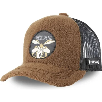 looney-tunes-capslab-coyote-fur1-coy1-braune-trucker-mutze-mit-schaffell