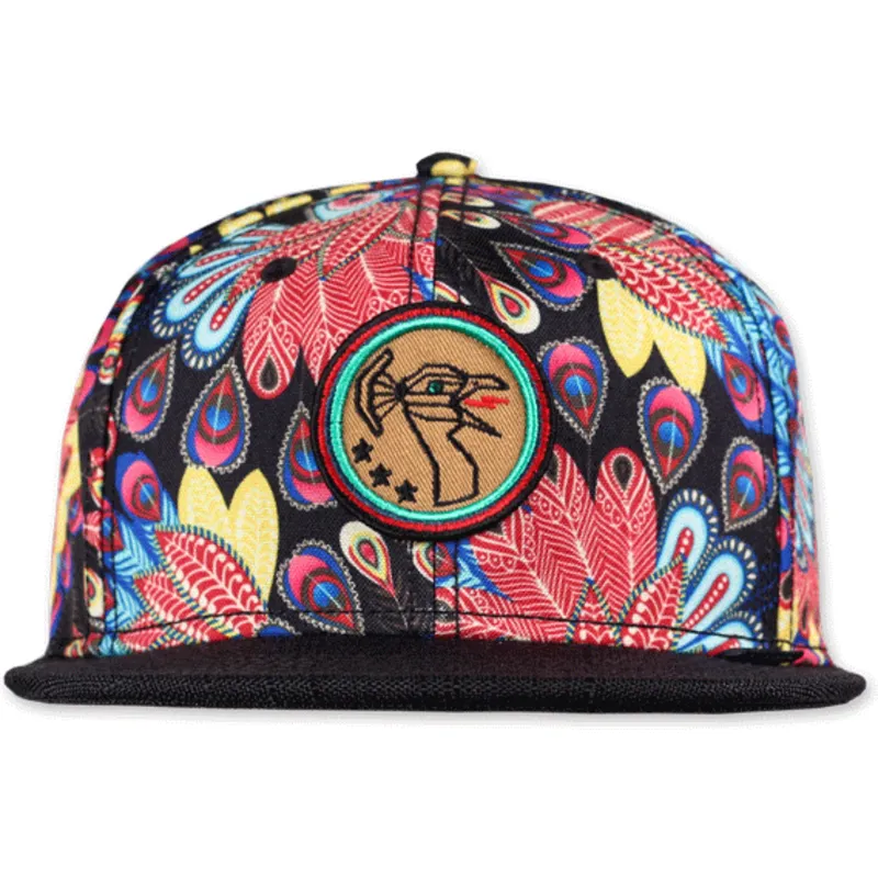 cepur-plakana-daudzkrasains-snapback-peacock-linen-no-djinns