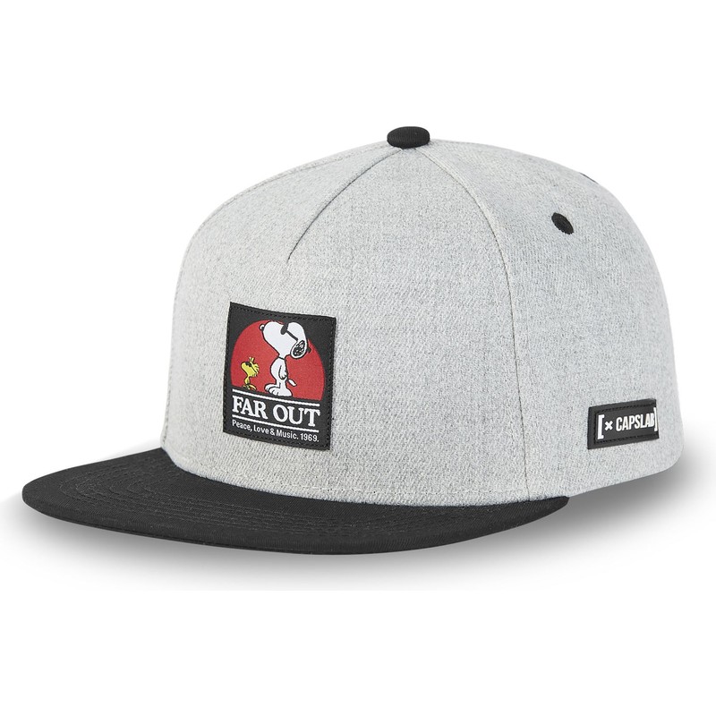 capslab-flat-brim-snoopy-far-out-naw3-peanuts-grey-and-black-snapback-cap