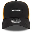 schwarz-orangefarbene-9forty-a-frame-patch-front-trucker-kappe-von-mclaren-racing-formula-1-von-new-era