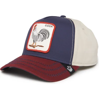 goorin-bros-snapback-cap-cock-all-american-rooster-100-the-farm-all-over-canvas-in-marineblau-beige-und-rot-mit-gebogenem-schirm