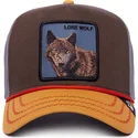 braune-graue-und-orangefarbene-curved-cap-snapback-wolf-lone-wolf-100-the-farm-all-over-canvas-von-goorin-bros