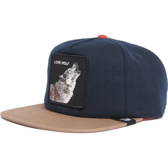 Platt keps marinblå och brun snapback varg Lone Wolf One...