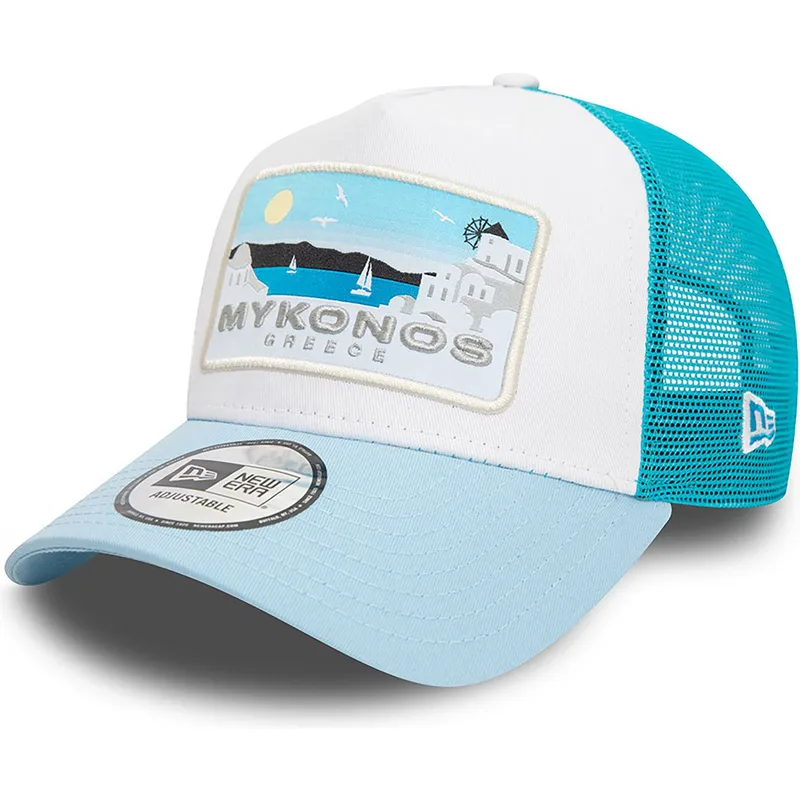 weisse-und-blaue-a-frame-summer-trucker-kappe-mykonos-stadte-und-strande-von-new-era