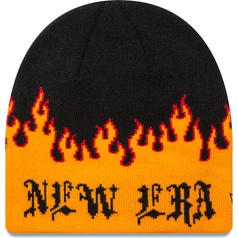 schwarze-und-orangefarbene-skull-knit-flame-mutze-von-new-era