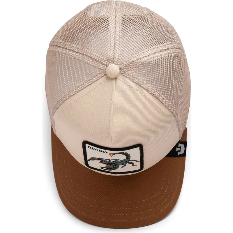 trucker-cap-beige-und-braun-skorpion-deadly-the-deadliest-scorpion-eco-brutalism-the-farm-von-goorin-bros