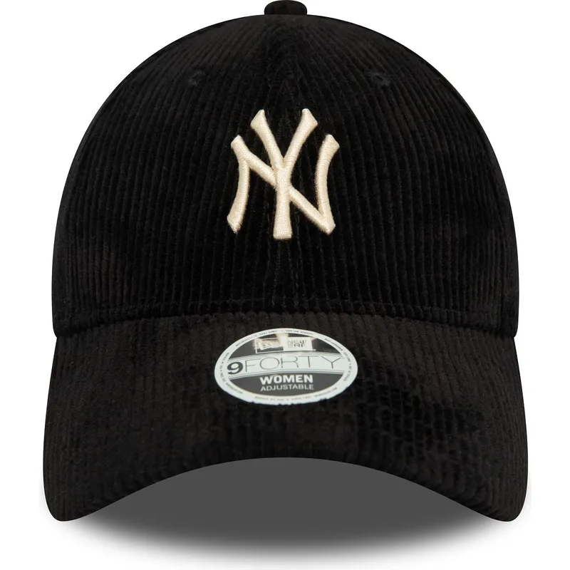 schwarze-gebogene-verstellbare-damenkappe-mit-beigem-logo-9forty-cord-der-new-york-yankees-mlb-von-new-era