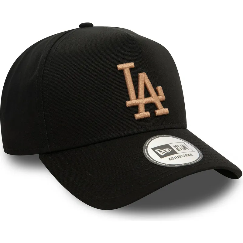 schwarze-gebogene-snapback-kappe-mit-beigem-logo-9forty-e-frame-league-essential-der-los-angeles-dodgers-mlb-von-new-era