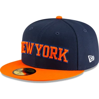 New Era Flat Brim 59FIFTY Statement New York Knicks NBA Navy Blue and Orange Fitted Cap