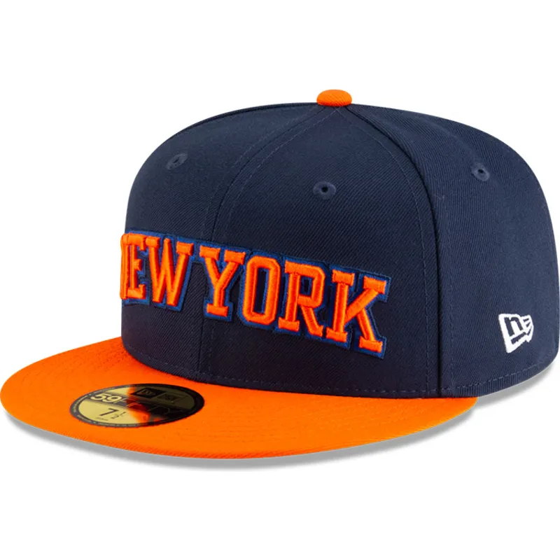 marineblaue-und-orangefarbene-anliegende-flat-cap-59fifty-statement-der-new-york-knicks-nba-von-new-era