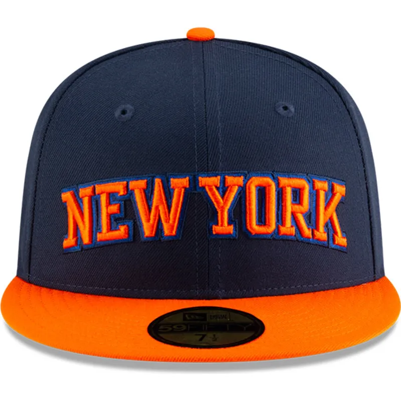 marineblaue-und-orangefarbene-anliegende-flat-cap-59fifty-statement-der-new-york-knicks-nba-von-new-era