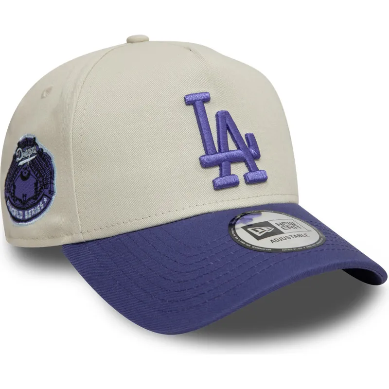 beige-und-violette-gebogene-snapback-kappe-mit-violettem-logo-9forty-a-frame-world-series-patch-der-los-angeles-dodgers-mlb-von-