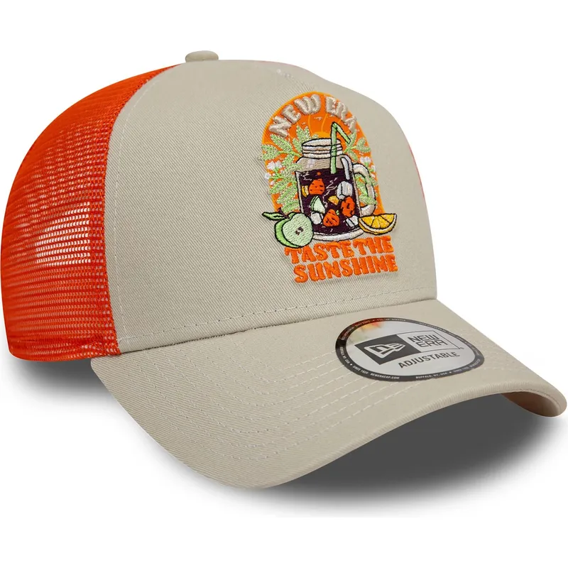 beige-orangefarbene-9forty-a-frame-summer-patch-trucker-cap-taste-the-sunshine-von-new-era