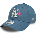 verstellbare-blaue-damen-cap-mit-gebogenem-schirm-9forty-denim-icon-heart-der-los-angeles-dodgers-mlb-von-new-era