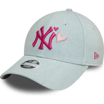 New Era Curved Brim Women Pink Logo 9FORTY Denim Icon Heart New York Yankees MLB Light Blue Adjustable Cap