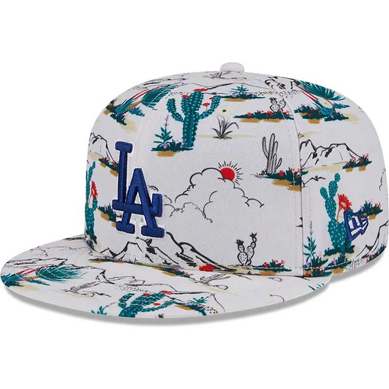 weisse-flache-snapback-kappe-9fifty-print-spring-training-fan-pack-2025-der-los-angeles-dodgers-mlb-von-new-era