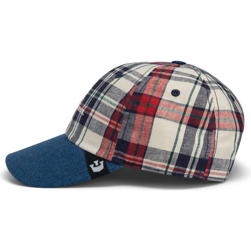 cepur-izliekta-tumsi-zils-snapback-goorin-bros-curved-brim-raised-in-a-barn-papa-cap-madras-the-farm-navy-blue-and-red-cap-the-f