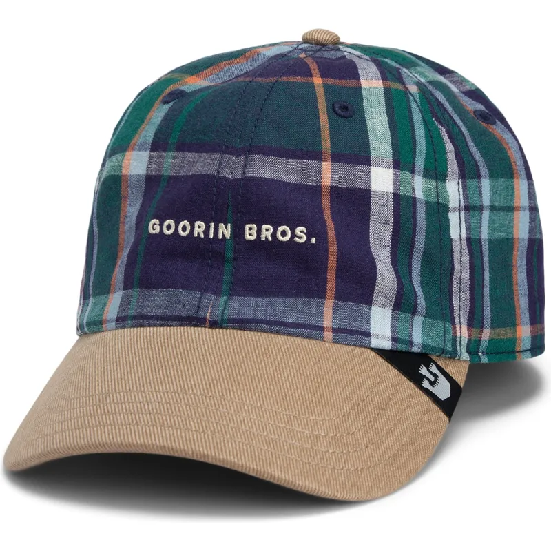 goorin-bros-curved-brim-hardly-working-papa-cap-madras-the-farm-marineblaue-und-braune-snapback-cap