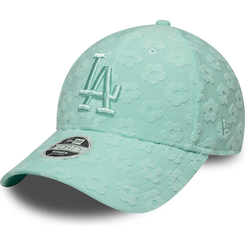 grune-gebogene-verstellbare-damenkappe-9forty-floral-towelling-der-los-angeles-dodgers-mlb-von-new-era