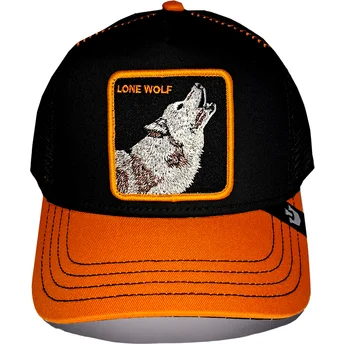 Czarna i pomarańczowa czapka trucker z wilkiem Solo Wolf...