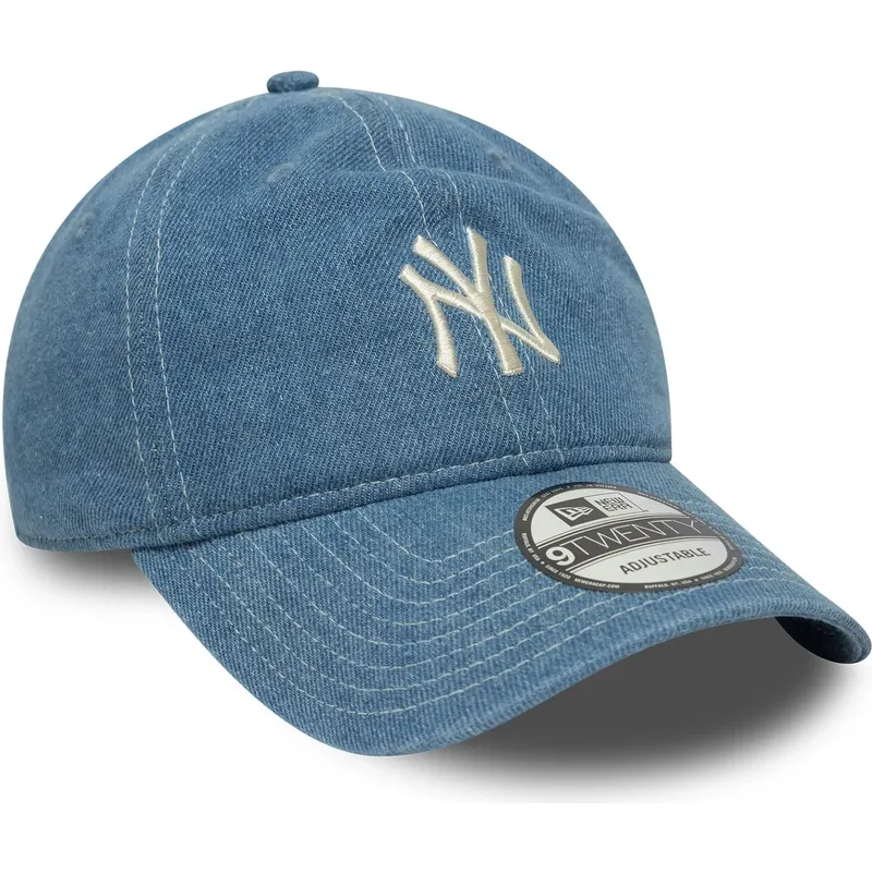 blaue-gebogene-verstellbare-9twenty-denim-kappe-der-new-york-yankees-mlb-von-new-era
