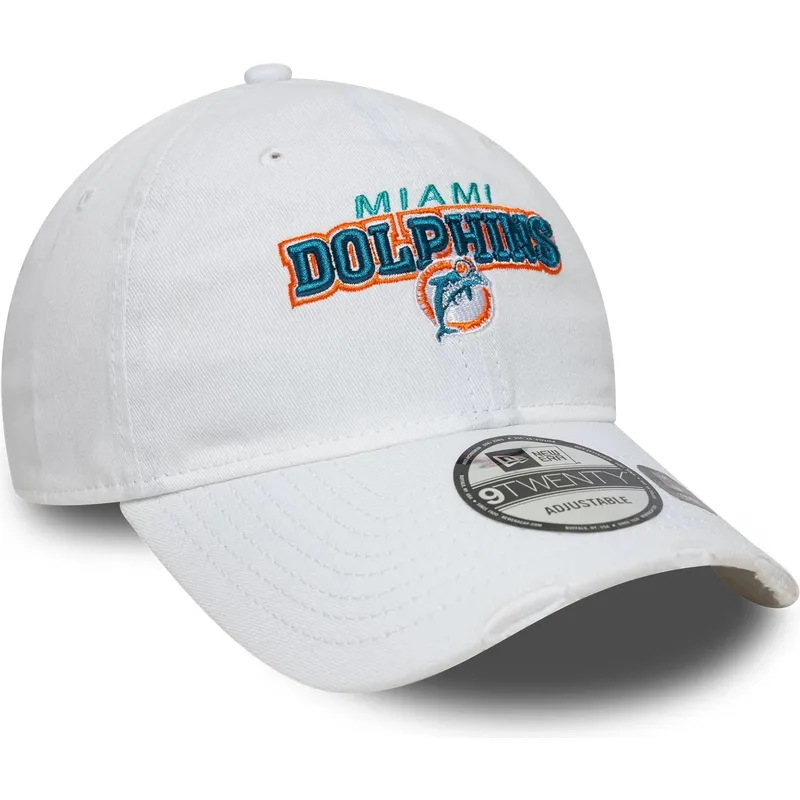 weisse-verstellbare-gebogene-kappe-9twenty-washed-distress-der-miami-dolphins-nfl-von-new-era