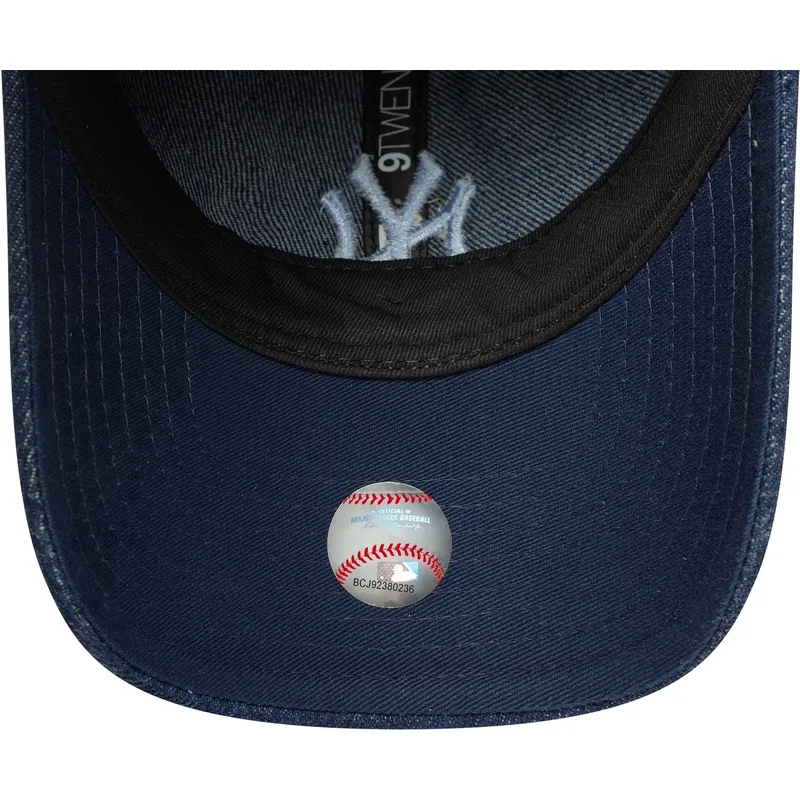 marineblaue-gebogene-verstellbare-damen-kappe-9twenty-denim-der-new-york-yankees-mlb-von-new-era