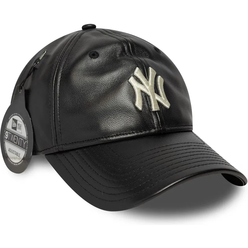 schwarze-verstellbare-curved-cap-9twenty-leather-der-new-york-yankees-mlb-von-new-era