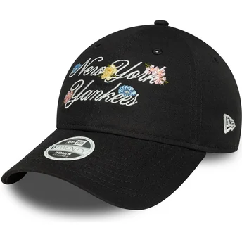 Gorra curva negra ajustable para mujer 9FORTY Floral Script de New York Yankees MLB de New Era