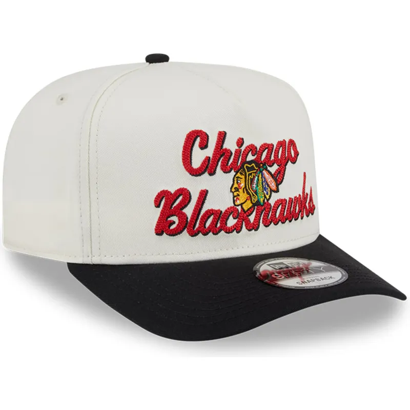 beige-und-schwarze-gebogene-snapback-kappe-9fifty-a-frame-chainstitch-der-chicago-blackhawks-nhl-von-new-era