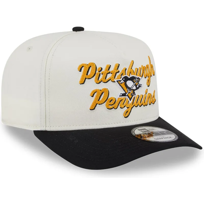 beige-und-schwarze-gebogene-snapback-kappe-9fifty-a-frame-chainstitch-der-pittsburgh-penguins-nhl-von-new-era
