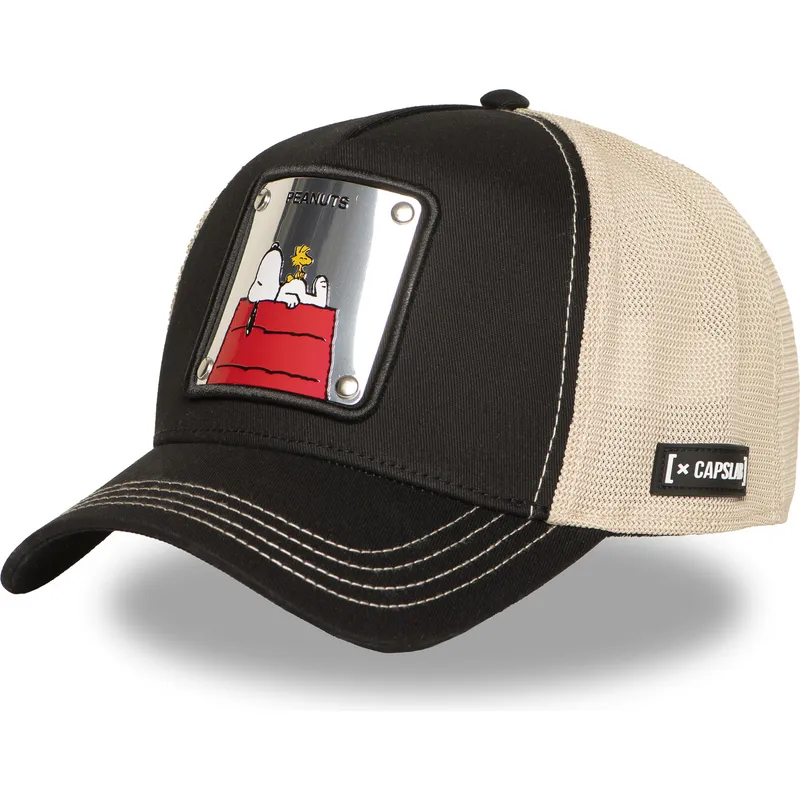 cepur-izliekta-truckeris-melns-snapback-pea6-naw6-snoopy-un-carlijs-brauns-zemesrieksti-no-capslab