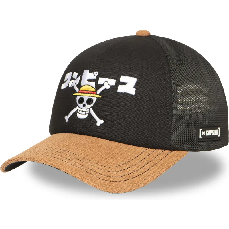trucker-cap-schwarz-und-braun-straw-hat-pirates-op6-one-one-piece-von-capslab