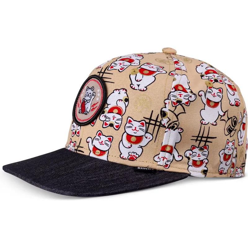 beige-und-schwarze-flache-snapback-kappe-fur-jungen-lucky-cat-linen-von-djinns