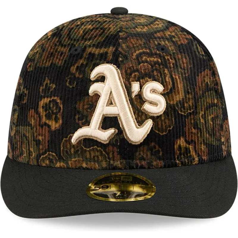 schwarze-gebogene-angepasste-kappe-59fifty-low-profile-floral-cord-three-looms-printed-corduroy-von-oakland-athletics-mlb-von-ne