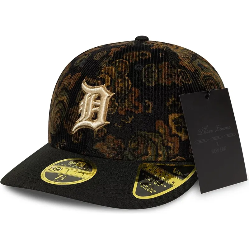schwarze-gebogene-angepasste-kappe-59fifty-low-profile-floral-cord-three-looms-printed-corduroy-von-detroit-tigers-mlb-von-new-e