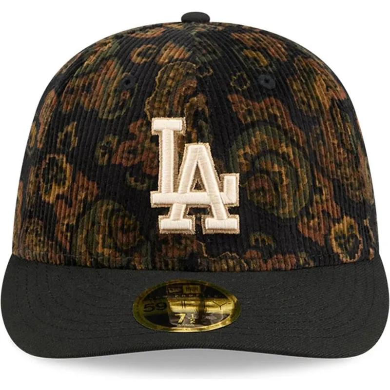 czarna-dopasowana-czapka-z-zakrzywionym-daszkiem-59fifty-low-profile-floral-cord-three-looms-printed-corduroy-los-angeles-dodger