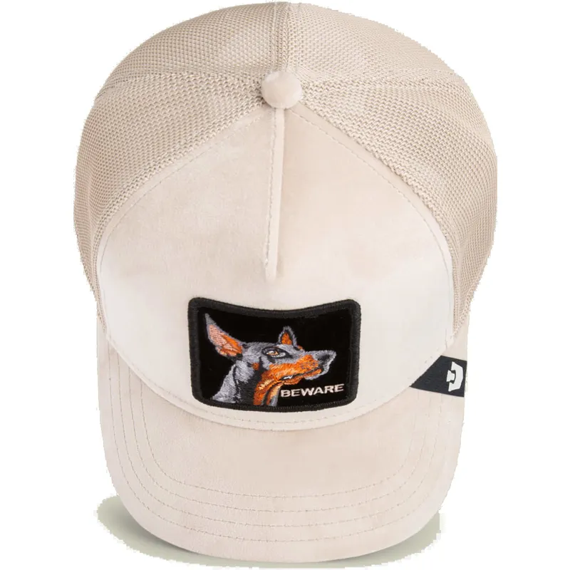 truckerkeps-beige-hund-dobermann-beware-doberman-velour-the-farm-fran-goorin-bros