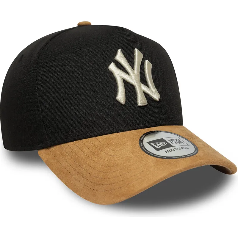 schwarze-und-braune-gebogene-snapback-kappe-9forty-e-frame-suede-visor-der-new-york-yankees-mlb-von-new-era