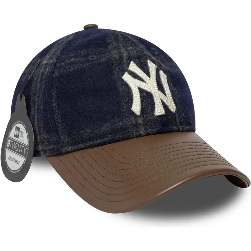 casquette-courbee-bleue-marine-et-marron-ajustable-9twenty-img-loden-leather-new-york-yankees-mlb-new-era