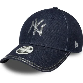 Granatowa regulowana czapka z daszkiem dla kobiet 9FORTY Sequin Denim New York Yankees MLB New Era