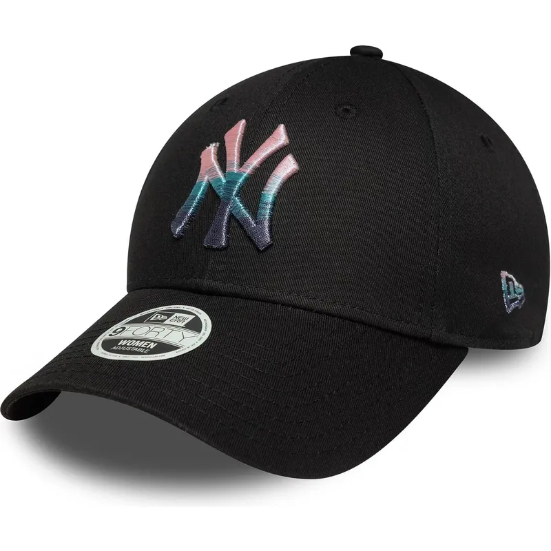 schwarze-gebogene-verstellbare-damenkappe-9forty-metallic-logo-der-new-york-yankees-mlb-von-new-era