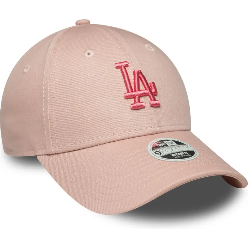 rosa-verstellbare-curved-cap-fur-damen-mit-rosa-logo-9forty-league-essential-der-los-angeles-dodgers-mlb-von-new-era
