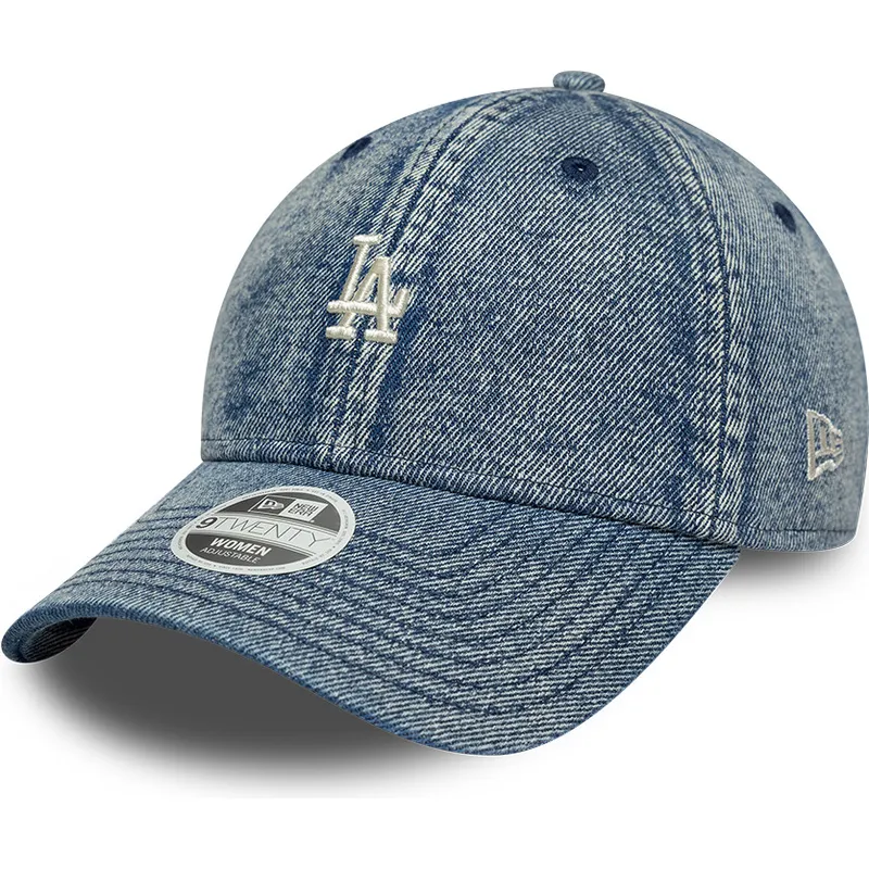blaue-gebogene-verstellbare-damen-kappe-9twenty-denim-der-los-angeles-dodgers-mlb-von-new-era